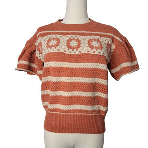 BiBi Short Puff Sleeve Retro Boho Orange Crochet Sweater Sz S NEW Cottagecore